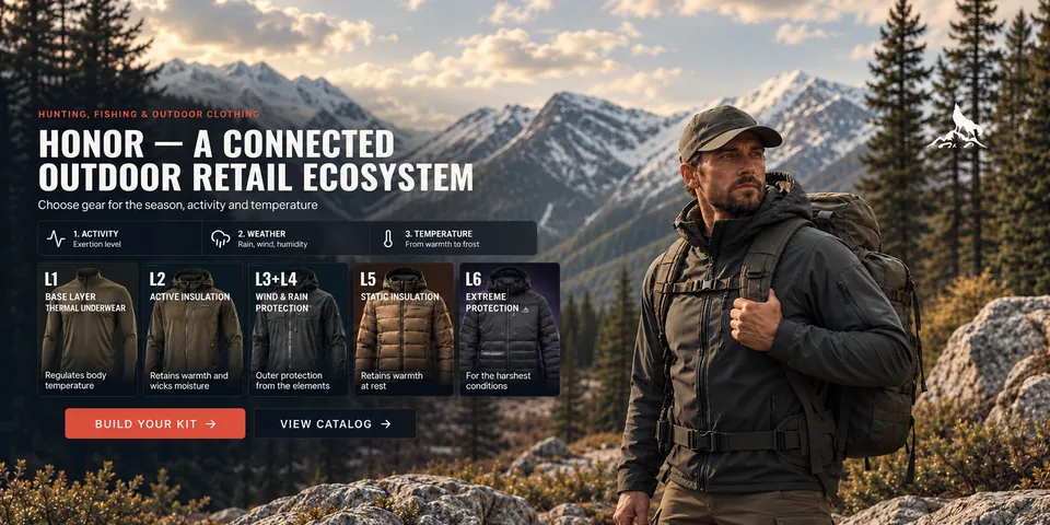 HONOR — a connected outdoor retail ecosystem. Outdoor gear and clothing layers L1, L2, L3+L4, L5, L6.