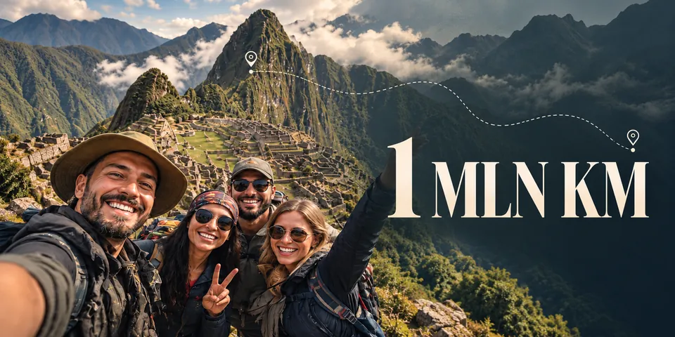 1 MLN KM project illustration: travellers, mountains and a route
